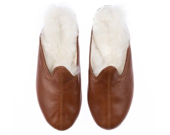 Unisex Peru Brown Shearling Slippers with Fur Insole, Flat Slippers, Winter Slippers, Turkish Slippers, Sheepskin Slippers, Christmas Gift