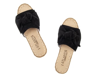 Womens Bow Sandals, Black Slides, Leather Flip-Flops, Turkish Handmade Slippers, Knot Bow Slipper, Suede Slippers, Mothers Day Gift
