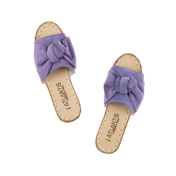 Womens Bow Sandals, Purple Slides, Leather Flip-Flops, Turkish Handmade Slippers, Knot Bow Slipper, Suede Slippers, Mothers Day Gift