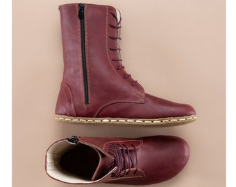 Men Burgundy Barefoot Boots, Earthing Boots, Handmade High Ankle Boots, Red Leather Boots With Zipper, Grounding Boots, Laced Up Wide Boots