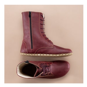 Men Burgundy Barefoot Boots, Earthing Boots, Handmade High Ankle Boots, Red Leather Boots With Zipper, Grounding Boots, Laced Up Wide Boots