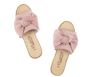 Womens Bow Sandals, Pink Slides, Leather Flip-Flops, Turkish Handmade Slippers, Knot Bow Slipper, Suede Slipper, Mothers Day Gift