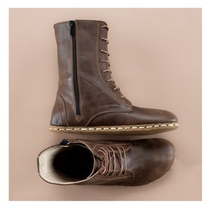 Men Dark Brown Barefoot Boots, Earthing Boots, Handmade High Ankle Boots, Brown Leather Boots With Zipper, Grounding Boots, Laced Up Boots