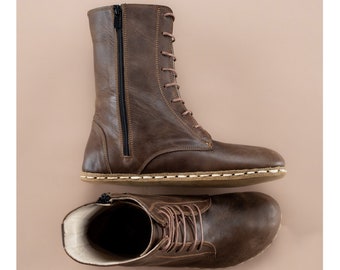 Men Dark Brown Barefoot Boots, Earthing Boots, Handmade High Ankle Boots, Brown Leather Boots With Zipper, Grounding Boots, Laced Up Boots