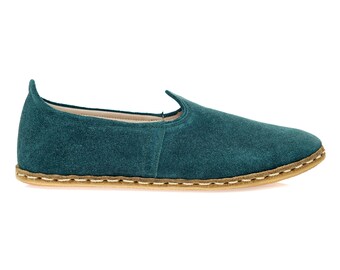 green suede flat shoes