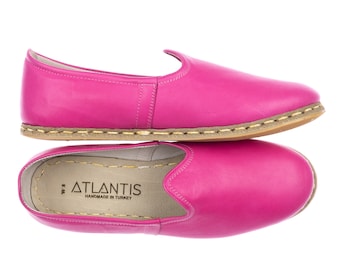 Mens Pink Color Leather Slip Ons, Turkish Yemeni Shoes, Handmade Leather Loafers, Flat Men Shoes, Gift for Him, Fathers Day Gift