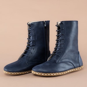 Men Blue Barefoot Boots, Earthing Boots, Handmade High Ankle Boots, Navy Leather Boots With Zipper, Grounding Boots, Laced Up Wide Boots