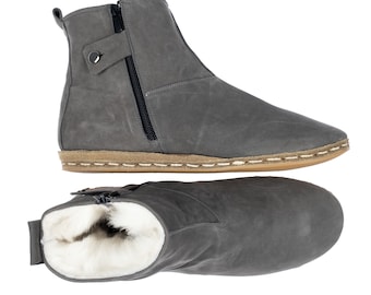 Unisex grå nubuck shearling stövlar, grå nubuck vinterstövlar, turkiska stövlar, shearling stövlar, fårskinnsfodrade stövlar, julklapp