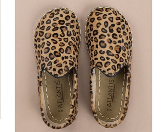 Barefoot LEOPARD HAIR-ON Cow Leather Handmade Women Sport Yemeni Shoes, Natural, Colorful, Slip-On