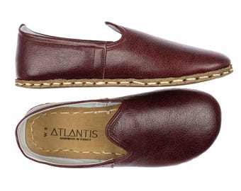 Womens Wide Toe Box Comfy Shoes, Barefoot Shoes, Burgundy Color Handmade Turkish Slip On Shoes, All Natural Women Wide Toe Box Shoes