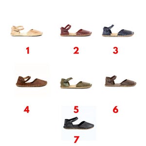 a collection of six different types of sandals, each with a unique design and color, arranged in a grid format.