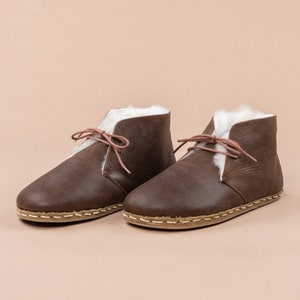 Women Oxford Ankle Barefoot Boots with Fur, Wide Toe Box Boot, Winter Boots, Dark Brown Zero Drop Boots, Barefoot Shearling Boots With Laces