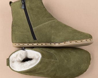 Women Olive Ankle Barefoot Boots with Fur, Wide Toe Box Boots, Handmade Shearling Boots, Zero Drop Boots, Ankle Barefoot Boots With Zipper