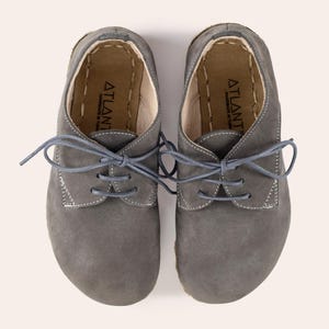 Buty dziecięce Barefoot, skórzane buty dla maluchów, szare buty Oxford dla dzieci, uziemiające buty dla dzieci, uziemiające buty dla dzieci, ręcznie robione buty dla dzieci