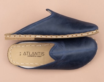 Mens Barefoot Blue Slippers, Mens Wide Slippers, Zero Drop Leather Slippers, Sustainable Natural Flats, Mens Barefoot Shoes