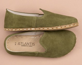 Mens Green Nubuck Barefoot Shoes, Zero Drop Minimalist Shoes, Wide Toe Box Flats, Handmade Turkish Slip On Shoes, Sustainable Leather Shoes