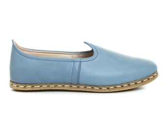 Mens Sky Blue Color Leather Slip Ons, Turkish Yemeni Shoes, Handmade Leather Loafers, Flat Men Shoes, Gift for Him, Fathers Day Gift