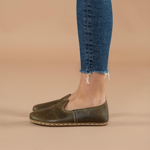 Mens Green Barefoot Shoes, Zero Drop Minimalist Shoes, Wide Toe Box Flats, Handmade Turkish Slip On Shoes, Sustainable Leather Shoes