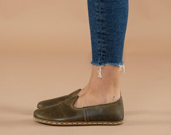 Mens Green Barefoot Shoes, Zero Drop Minimalist Shoes, Wide Toe Box Flats, Handmade Turkish Slip On Shoes, Sustainable Leather Shoes