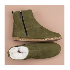 Womens Boots, Green Nubuck Winter Boots, Travel Boots, Sheepskin Lining Boots, Handmade Boots, Shearling Boots, Christmas Gift