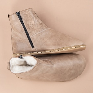 Women Tan Ankle Barefoot Boots with Fur, Wide Toe Box Boots, Handmade Shearling Boots, Zero Drop Boots, Ankle Barefoot Boots With Zipper