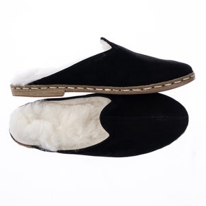 Mens Black Shearling Slippers with Fur Insole, Flat Slippers, Winter Slippers, Turkish Slippers, Sheepskin Slippers, Christmas Gift