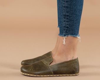Sustainable Mens Barefoot Shoes, Green Wide Toe Box Flats, Handmade Turkish Slip On Shoes, All Natural Minimalist Shoes