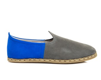 Mens Blue Color Nubuck Leather Slip Ons, Turkish Yemeni Shoes, Handmade Leather Loafers, Flat Men Shoes, Gift for Him, Fathers Day Gift