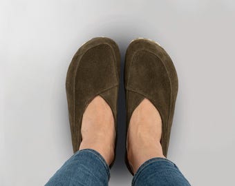 Women Earthing Barefoot Shoes, Minimalist Women Grounding Shoes, Barefoot Khaki Green Suede Cross Ballet Shoes, Barefoot Shoes For Women