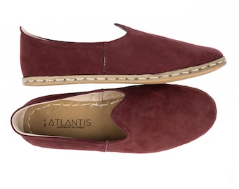 Mens Burgundy Nubuck Leather Slip Ons, Turkish Yemeni Shoes, Handmade Leather Loafer, Flat Men Shoes, Gift for Him, Fathers Day Gift