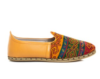 Mens Kilim Slip Ons, Turkish Yemeni Shoes, Handmade Leather Loafers, Kilim Shoes, Flat Men Shoes, Gift for Him, Fathers Day Gift
