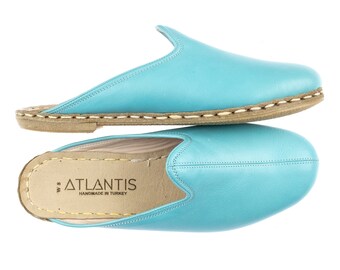 Womens Green Color Leather Slippers, Flat Slippers, Winter Slip-Ons, Turkish Slippers, Handmade Slippers, Atlantis Shoes, Christmas Gift
