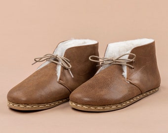 Sustainable Mens Oxford Barefoot Ankle Boots with Fur, Brown Wide Toe Box Shearling Boots, Handmade Winter Boot, Zero Drop Casual Boots