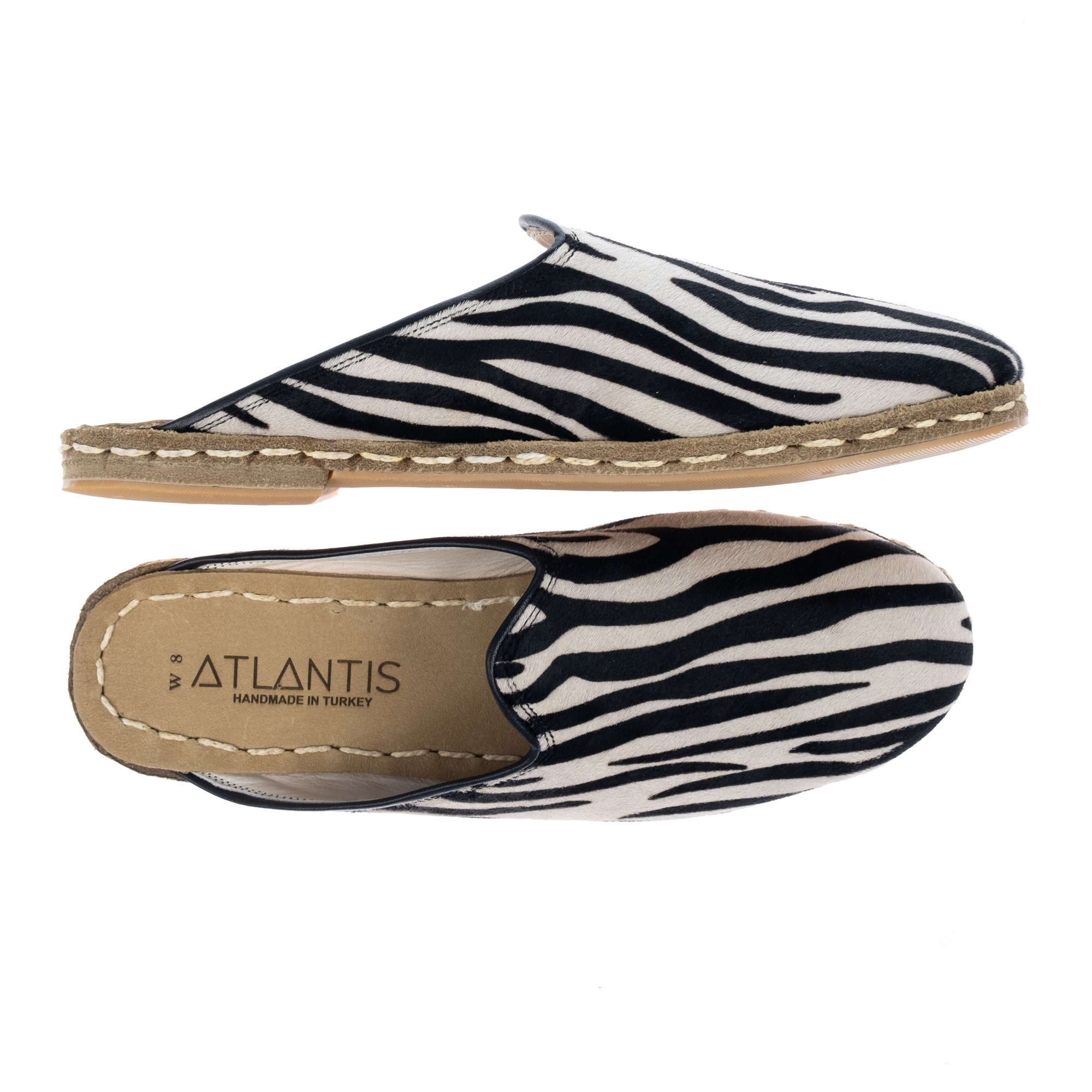 Womens Zebra Printed Leather Flat Slippers Winter