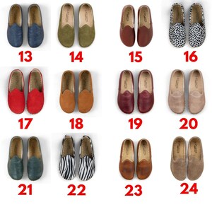 a collection of various types of shoes, including casual and formal styles, arranged in a grid format with numbers indicating the shoe type and color.