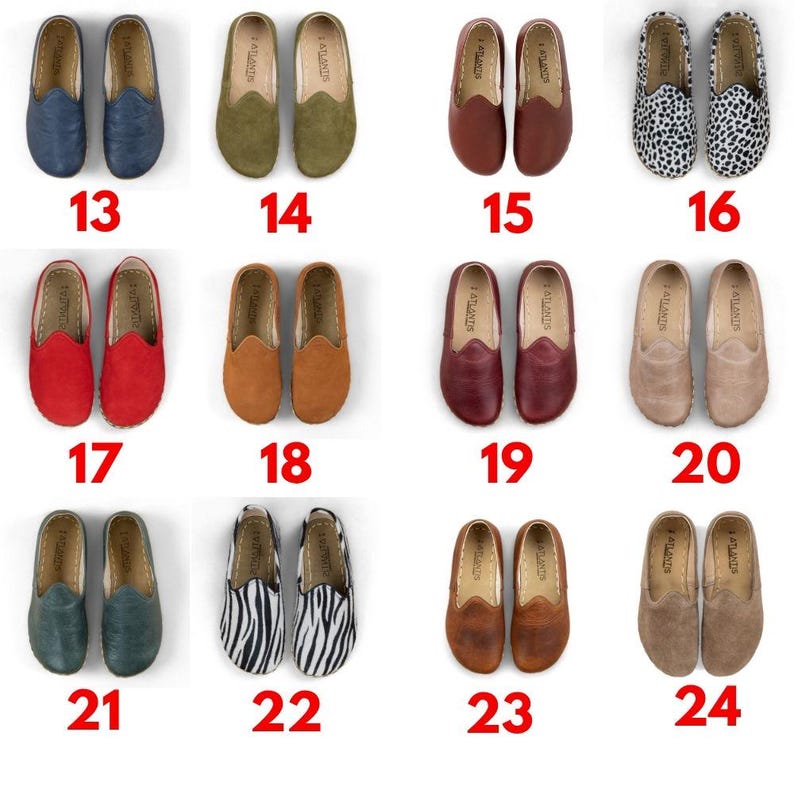 a collection of various types of shoes, including casual and formal styles, arranged in a grid format with numbers indicating the shoe type and color.