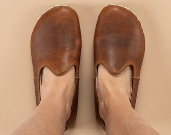 Mens Wide Toe Box Barefoot Shoes, Brown Leather Minimalist Shoes