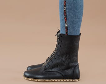 Women Black Barefoot Boots, Earthing Boots, Handmade High Ankle Boots, Black Leather Boots With Zipper, Grounding Boots, Laced Up Boots