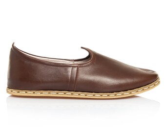 Mens Dark Brown Color Leather Slip Ons, Turkish Yemeni Shoes, Handmade Leather Loafers, Flat Men Shoes, Gift for Him, Fathers Day Gift