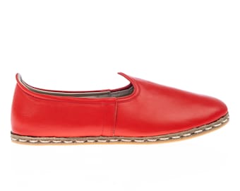 Womens Red Color Leather Handmade Slip On, Turkish Shoes Women, Handmade Flat Shoe, Gift for her, Atlantis Shoes, Mothers Day Gift