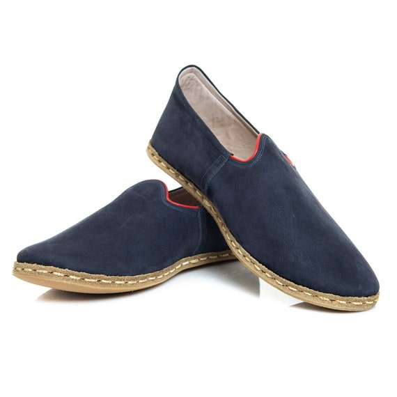 Mens Navy Color Nubuck Leather Slip Ons, Turkish Yemeni Shoes, Handmade Leather Loafers, Flat Men Shoes, Gift for Him, Fathers Day Gift