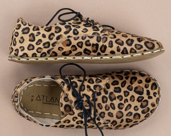 Oxford Barefoot Women Classic Yemeni Shoes Leopard Printed Hairy Leather Handmade, Natural, Colorful, Slip-On