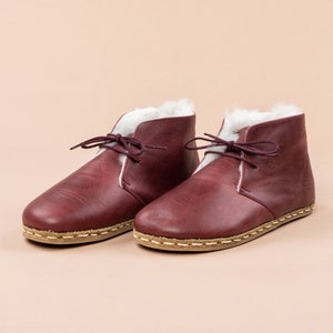 Sustainable Mens Oxford Barefoot Ankle Boots with Fur, Red Wide Toe Box Shearling Boots, Handmade Winter Boot, Zero Drop Casual Boots
