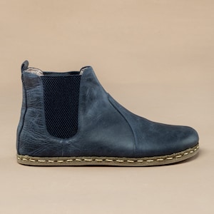 Women's Blue Chelsea Barefoot Boots, Wide Toe Box Boots, Handmade Winter Boots, All Natural Zero Drop Boots, Ankle Barefoot Boots