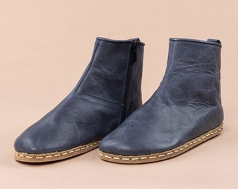 Women Blue Ankle Barefoot Boots, Wide Toe Box Boots, Handmade Winter Boots, All Natural Zero Drop Boots, Ankle Barefoot Boots With Zipper
