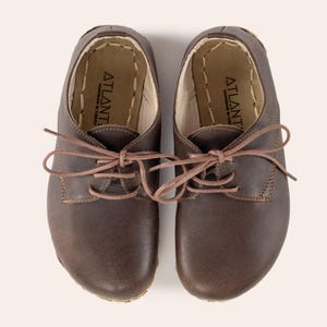 Buty dziecięce Barefoot, skórzane buty dla maluchów, ciemnobrązowe buty Oxford dla dzieci, uziemiające buty dla dzieci, uziemiające buty dla dzieci, ręcznie robione buty dla dzieci