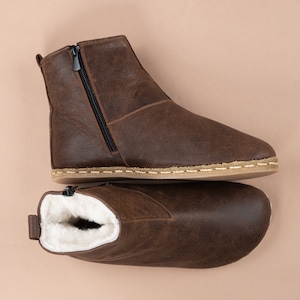 Women Coffee Ankle Barefoot Boots with Fur, Wide Toe Box Boots, Handmade Shearling Boots, Zero Drop Boots, Ankle Barefoot Boots With Zipper