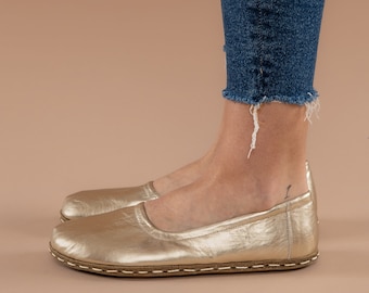 Women Earthing Barefoot Shoes, Minimalist Women Grounding Shoes, Barefoot Gold Ballet Flat Shoes, Barefoot Flats For Women, Wide Flat Shoes