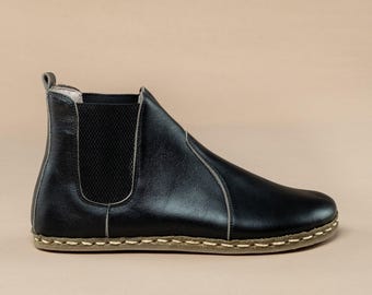 Sustainable Mens Barefoot Chelsea Boots, Black Wide Toe Box Boots, Handmade Winter Boots, All Natural Boots, Zero Drop Boots