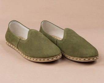 Womens Green Color Leather Handmade Slip On, Turkish Shoes Women, Handmade Flat Shoe, Gift for her, Thanksgiving gift, Mothers Day Gift